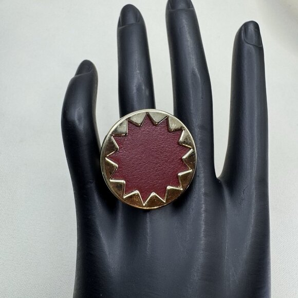 HOUSE OF HARLOW GOLD PLATED OVER CRANBERRY LEATHER SUNBURST RING SZ 7 - Picture 1 of 9